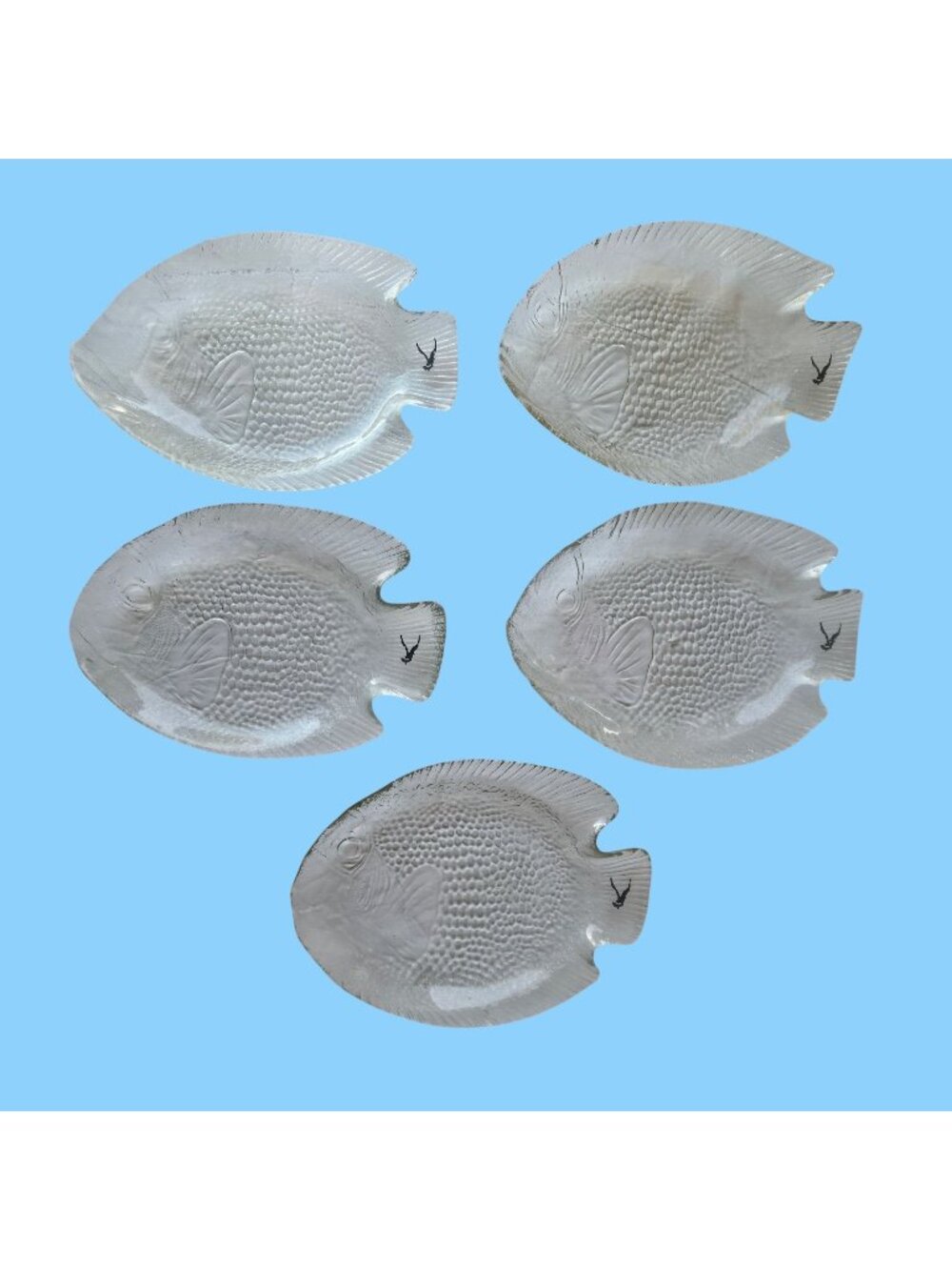 Vintage Clear Glass Fish Plates Set of 5 Pressed Glass Diver Mark 8"